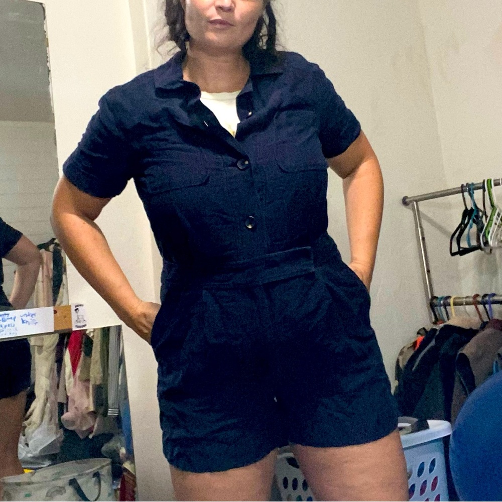 Ann Taylor Linen Blend Navy Blue Jumpsuit Romper 14 Lightweight Cargo Summer - Picture 5 of 16